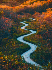 Winding trail through a forest, vibrant with autumn colors of orange, red, and green foliage.
