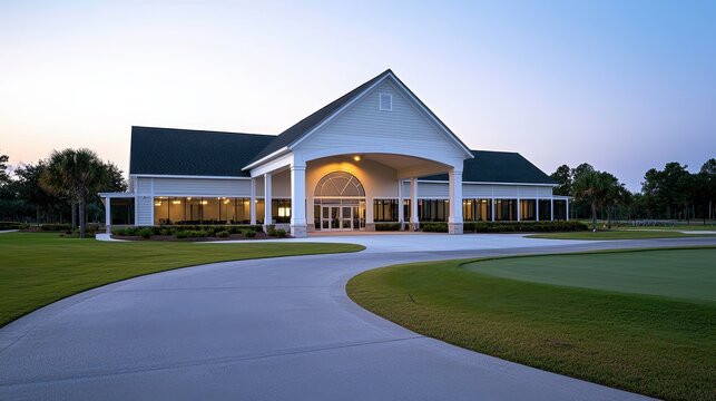 Elegant golf clubhouse exterior at sunset golf course architectural photography serene environment captivating viewpoint
