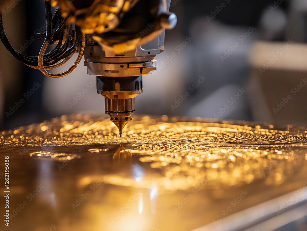 Poster robotic arm engraving intricate patterns on golden surface