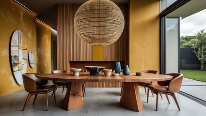 Large wooden dining table with a chandelier hanging above it