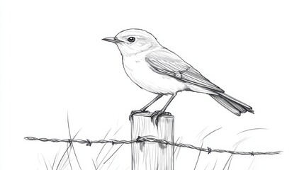 Fototapeta premium Sketch of a small bird perched on a wooden post with barbed wire
