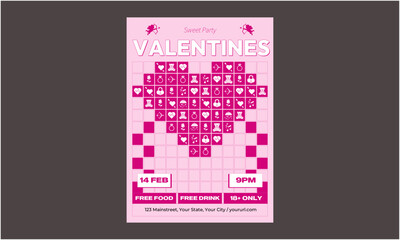 Valentines Party Flyer. Valentines day. Templates Festive gift card with realistic 3d design elements. Holiday banners, web poster, flyers and brochures, greeting card