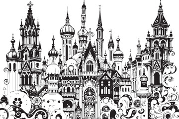Obraz premium Gothic City landscape. Different buildings on street, outline cityscape hand sketch, flat houses. Hand drawn vector illustration