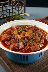 Spicy red oil braised pork tendon with rice noodle soup