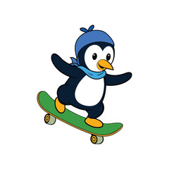A Penguin Playing Skateboard Cute Cartoon Vector Illustration