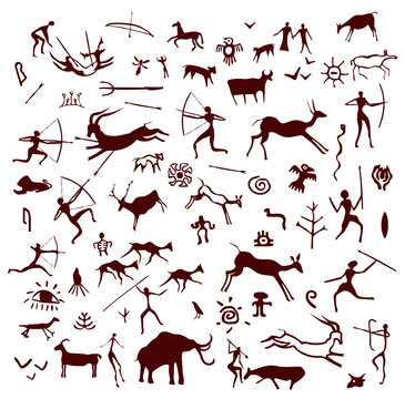Stone cave painting, ancient prehistoric drawing. Primitive caveman sketches, symbols of hunters, animals, plants and ornaments on rock wall. Vector petroglyph prehistoric illustrations or artworks