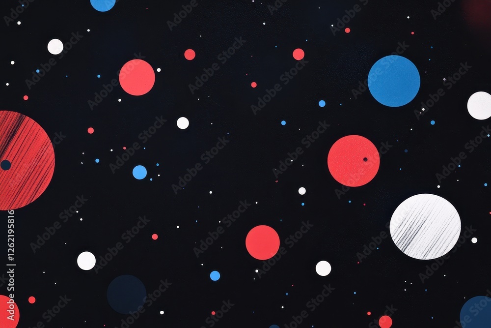 Poster colorful shapes and spots scatter over a dark background creating a vibrant visual effect, shapes an