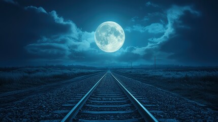 Moonlit train tracks at night rural landscape photography serene environment wide angle tranquility