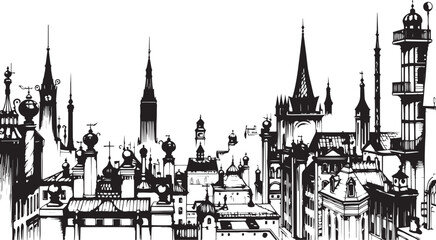 Fototapeta premium Gothic City landscape. Different buildings on street, outline cityscape hand sketch, flat houses. Hand drawn vector illustration