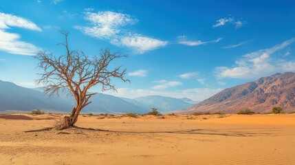 Lone dead tree desert landscape, mountain backdrop, sunny day, travel photography