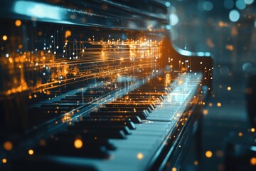 Music notes dancing over beautiful piano sounds in a melodic atmosphere, music notes over music sounds with a piano in background