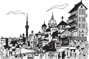 Fototapeta premium Gothic City landscape. Different buildings on street, outline cityscape hand sketch, flat houses. Hand drawn vector illustration