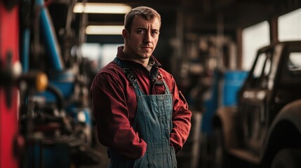 Obraz premium A portrait of a European male mechanic standing confidently in a workshop, showcasing his professional attire and serious demeanor amid industrial tools and machinery.