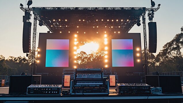 Outdoor Concert Stage Setup:  Lights, Screens, and Sound Equipment at Sunset.