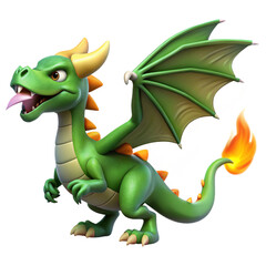 Obraz premium Green Dragon Cartoon: A charming, cartoon-style green dragon with fiery tail and outstretched wings, perfect for children's books, games, or whimsical designs. 