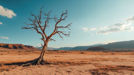 Lone dead tree in desert landscape, sunset, arid