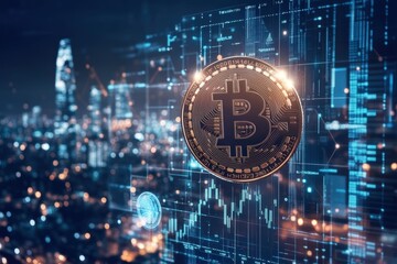 Bitcoin symbol over futuristic digital cityscape with data and lights