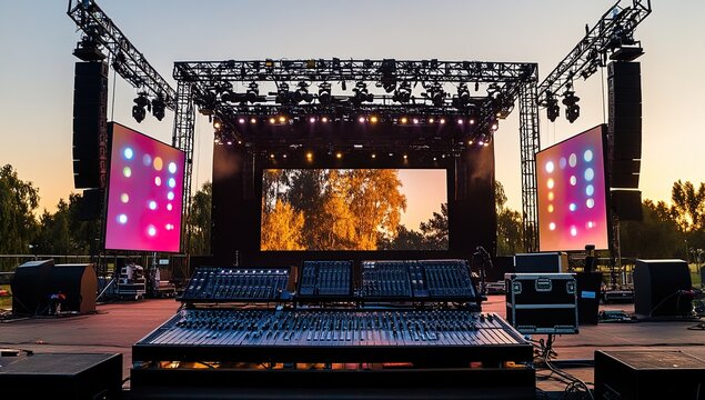 Outdoor Concert Stage Setup: Audio Mixer, LED Screens, and Lighting at Sunset