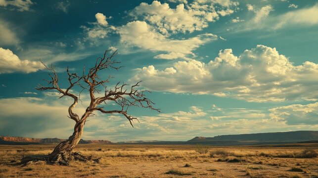 Lone dead tree desert landscape, dramatic sky, arid background, travel poster