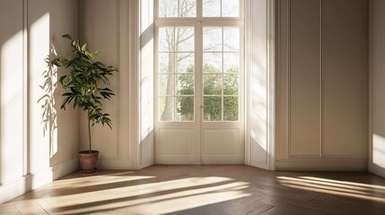 bright and airy room with large windows and potted plant, minimalistic, natural light, warm atmosphere