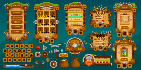 Medieval Vikings game interface. Vintage martial game buttons, gui elements game asset featuring wooden menus and interactive icons, incorporate swords, shields, axes and treasure for adventure or rpg © Vector Tradition