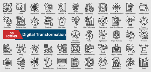 Digital Transformation collection set. Data Science, Ewallet, Digitalization, Digital Transformation, Electronic Id, Geospatial Technology, Productivity, Digital Economy, Remote Maintenance, Digital S