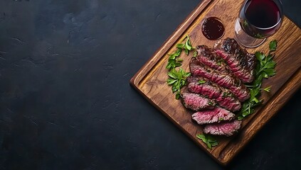 Gourmet Steak Platter Sliced Sirloin or New York Steak on a Wooden Board with Fresh Herbs A Savory and Elegant Culinary Delight