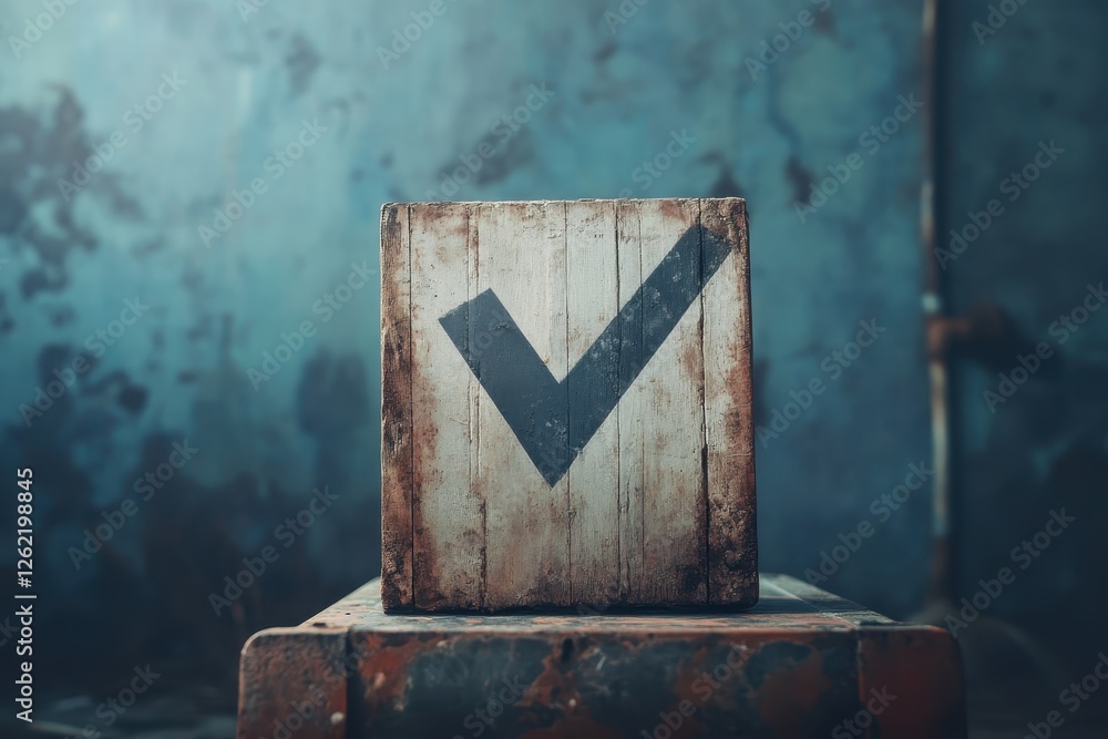 Poster check mark symbol on a rustic wooden block against a textured blue background in a dimly lit space, 