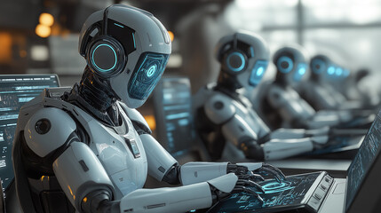 Futuristic office with humanoid robots working at sleek stations, interacting with holographic screens and advanced AI systems, showcasing automation and innovation