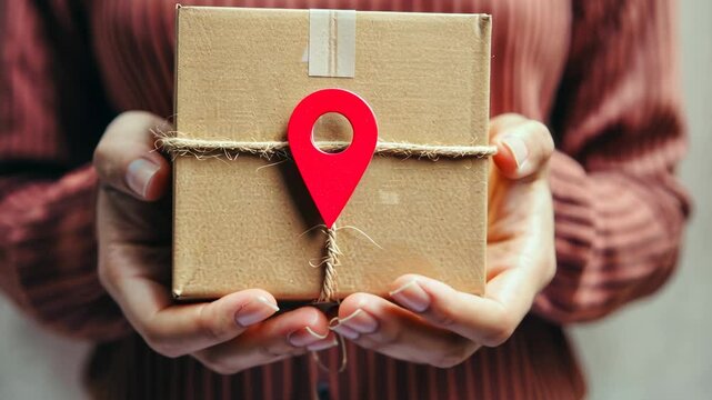 Hands Holding a Brown Gift Box with Red Location Pin, Symbolizing Delivery and Tracking, Concept of E-commerce and Logistics