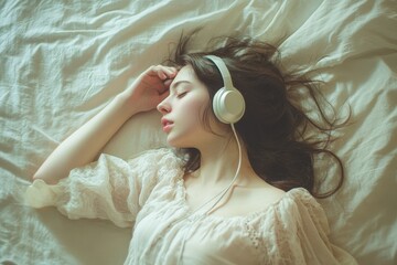 Fototapeta premium Young woman lying on bed enjoying music through headphones during a relaxing afternoon, Young woman listening to music with headphones lying on the bed