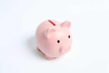 Piggy coin bank on white background for money savings, financial security or personal funds concept.