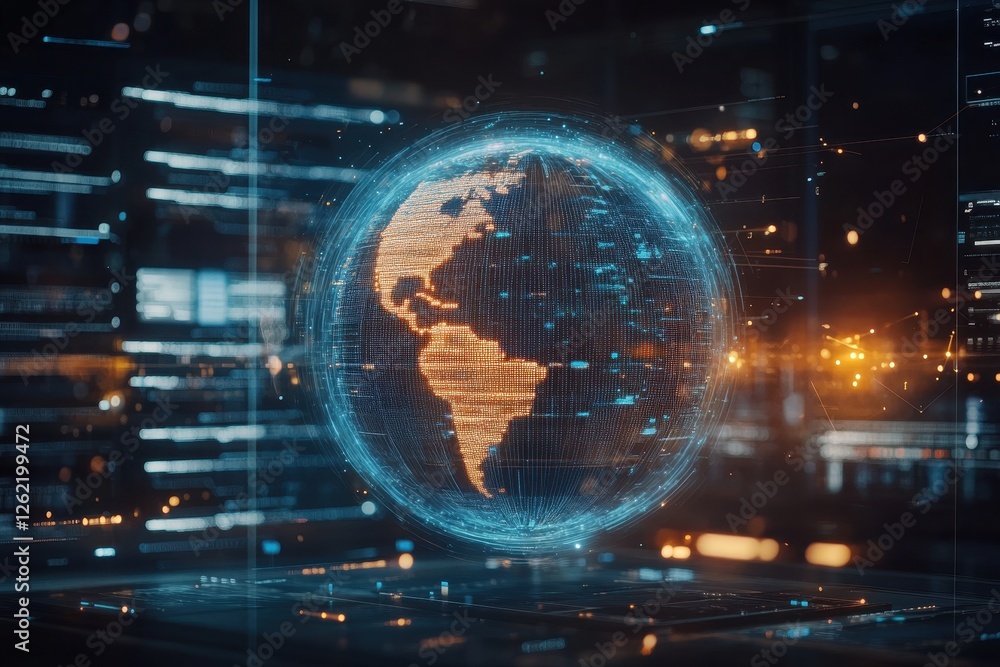  digital globe visualizing data processing and analytics in a modern environment, spinning globe and 