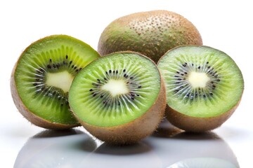 Fresh Kiwis Whole and Sliced on White Background