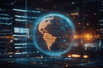 Digital globe visualizing data processing and analytics in a modern environment, spinning globe and digital data processing over computer servers