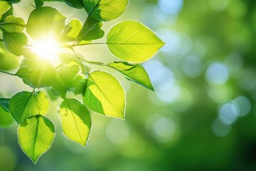 Sunlight illuminating green leaves with dew on a vibrant spring morning