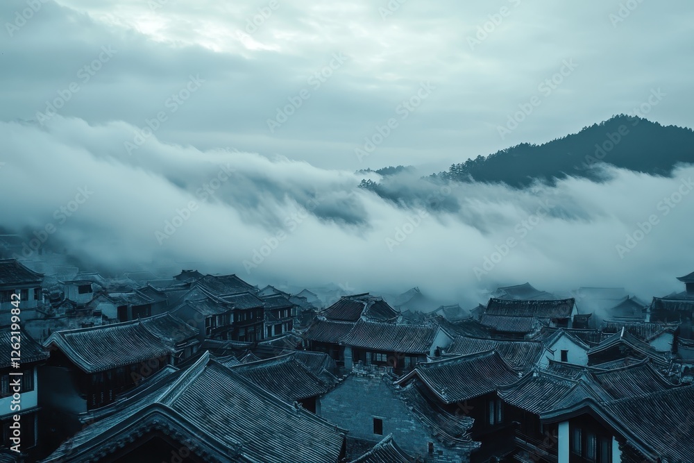 Poster Cloud shapes transform over quaint village creating a captivating timelapse view, Time-lapse of cloud shape changing over the village in China