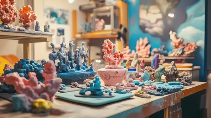 Fototapeta premium Pastel-colored sculptures, art studio setting.