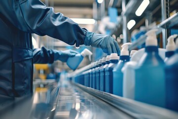 Factory worker handling bottles on a production line
