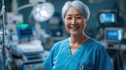 Fototapeta premium A cheerful elderly woman in medical scrubs smiles warmly in a healthcare setting. Her confidence and kindness reflect her dedication to patient care and expertise.