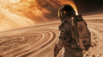 Astronaut standing on an alien planet with a massive ringed gas giant in the sky. Space exploration, futuristic landscape, cosmic, planetary discovery, astronaut suit, science fiction. Generative AI