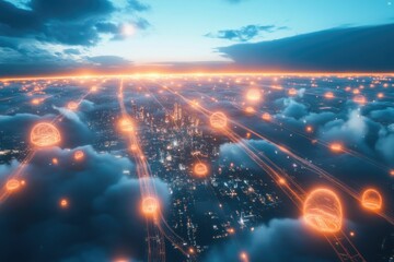 Obraz premium Glowing orbs above a city, illuminated clouds, network lines.
