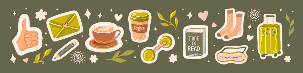 Set of printable cute stickers for planners and bullet journaling - Coffee, books, thumb up, sleeping mask. Vector.