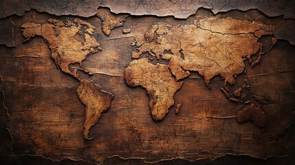 Fototapeta premium A beautifully crafted world map mounted on a rustic wooden wall creating a warm and inviting atmosphere while inviting exploration and adventure in a cozy and artistic interior setting