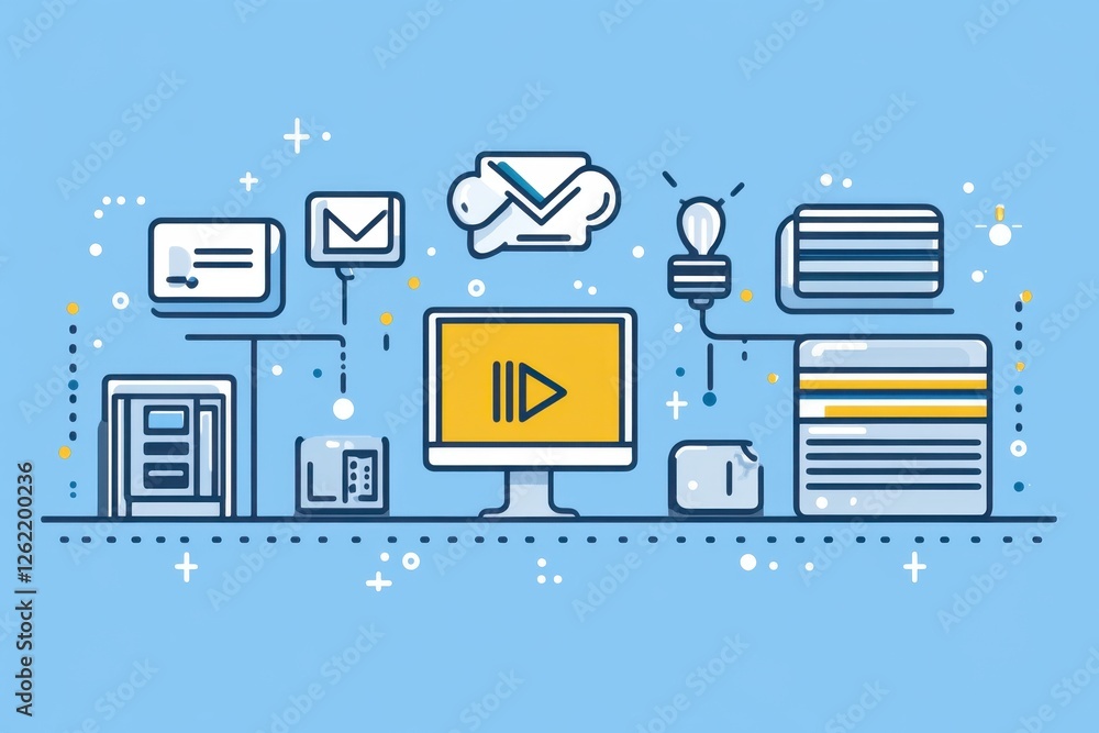 Poster data processing and media icons displayed on a blue background in a modern digital design, data proc