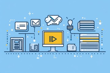 Data processing and media icons displayed on a blue background in a modern digital design, data processing and media icons on blue background