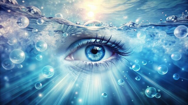 Submerged Vision An ethereal eye gazes from beneath a tranquil, sparkling ocean surface, illuminated by an unseen light source, surrounded by shimmering bubbles and rays of aquatic radiance.