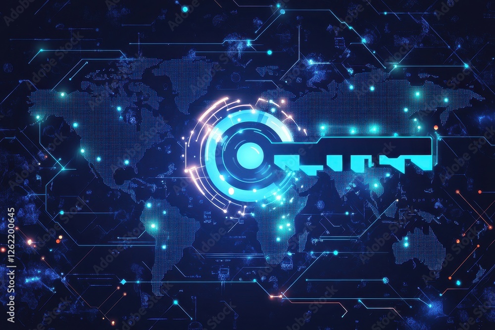 Poster data processing and security key icon over global map in digital technology environment, key icon an