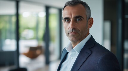 A focused portrait of a middle-aged man in business attire, showcasing a serious expression. The image captures his confident demeanor within a modern indoor setting.