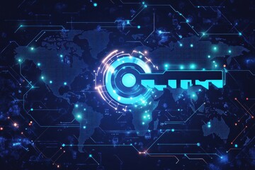 Data processing and security key icon over global map in digital technology environment, key icon and data processing over world map